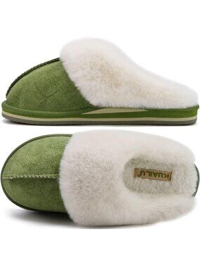 Womens Green Cozy Memory Comfy Winter Scuff Indoor Outdoor Rubber Hard Sole